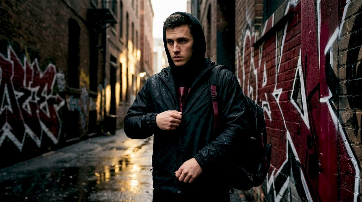 Young man layering streetwear on city sidewalk