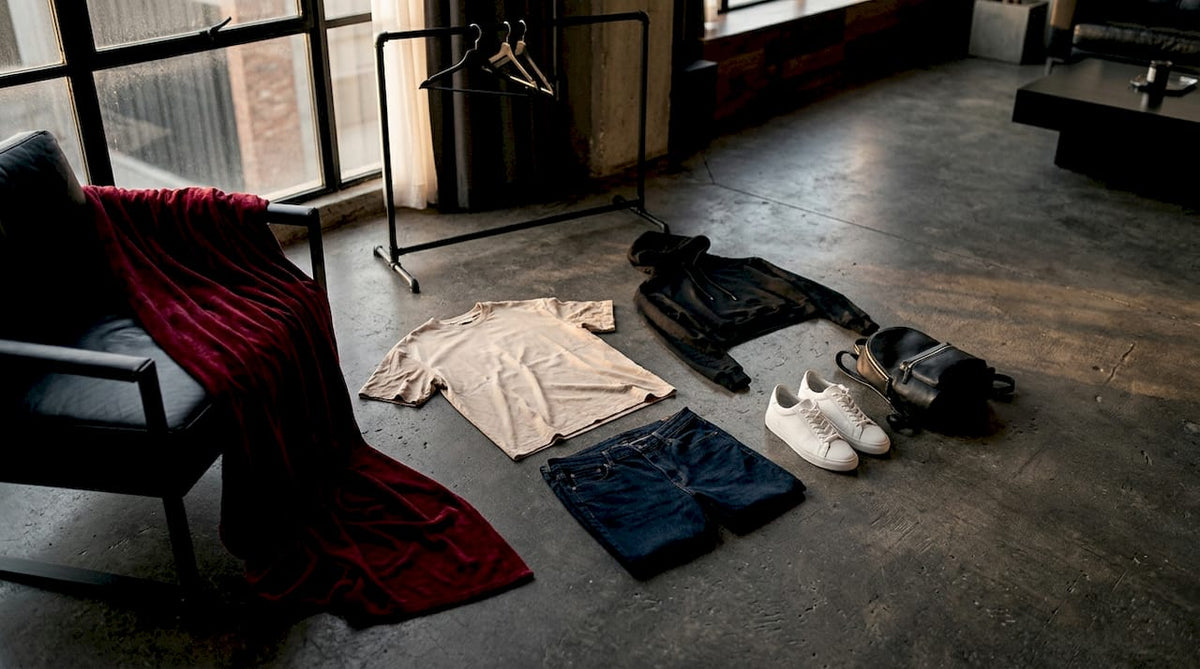 Minimalist streetwear wardrobe laid out in bedroom