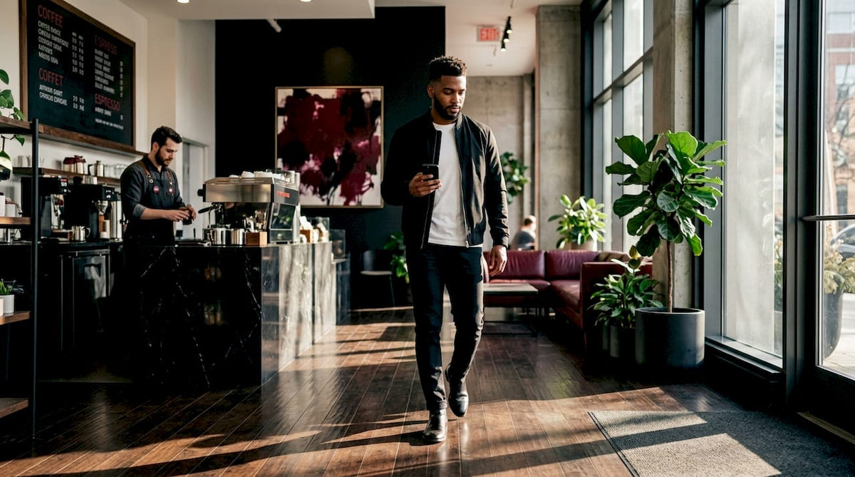 Professional entering office in stylish black attire