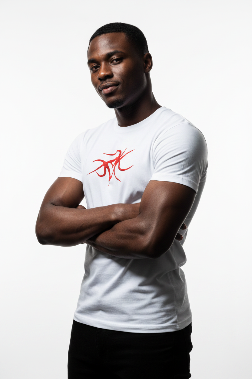 Man wearing a white t-shirt with a red logo on a white background