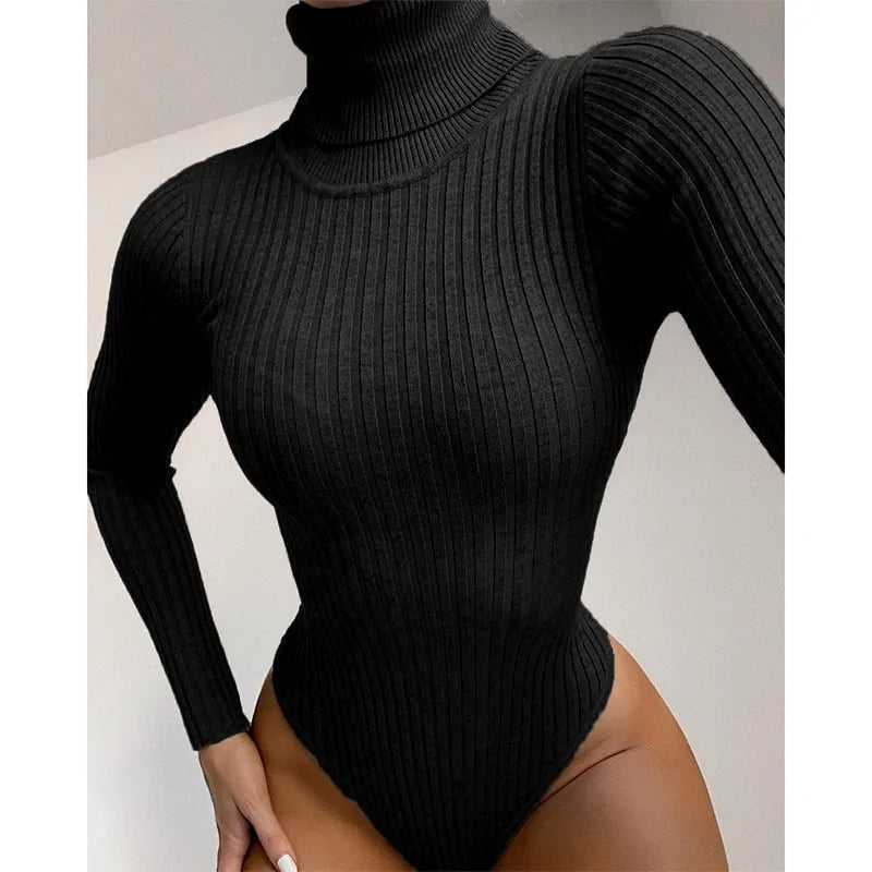 Ribbed Knitted Turtleneck Bodysuit: Long Sleeve