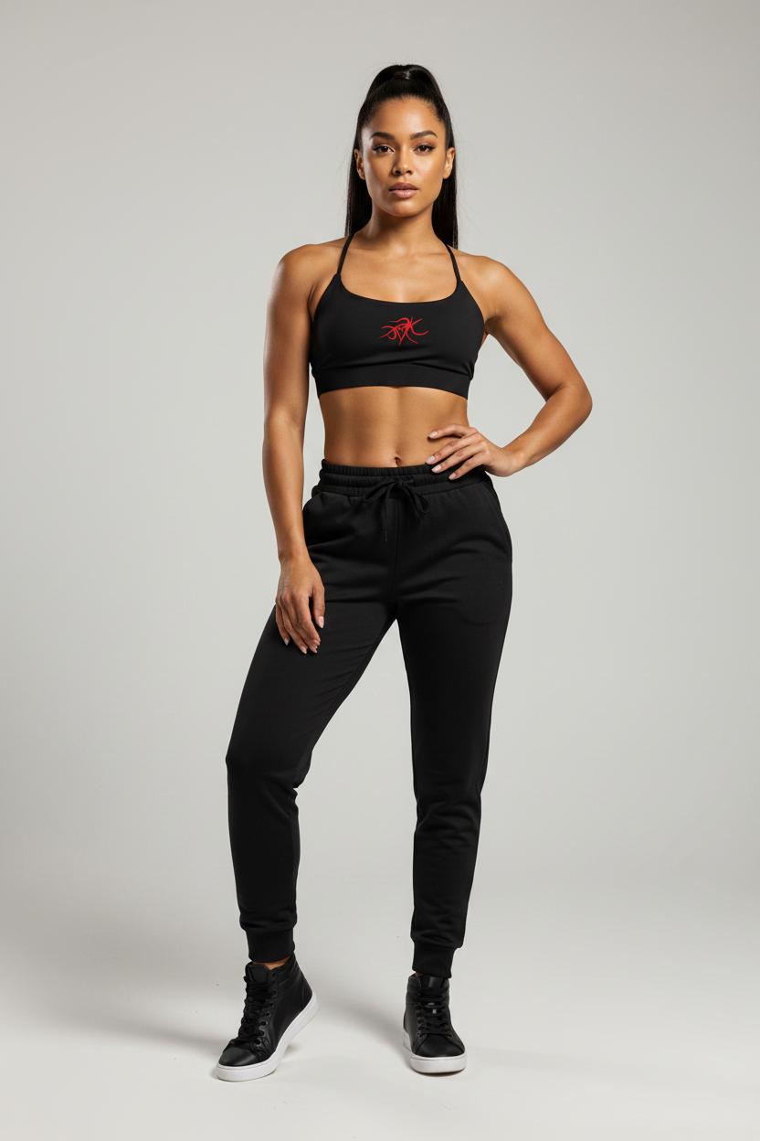 Woman wearing a black sports bra and pants with a red logo on a black background