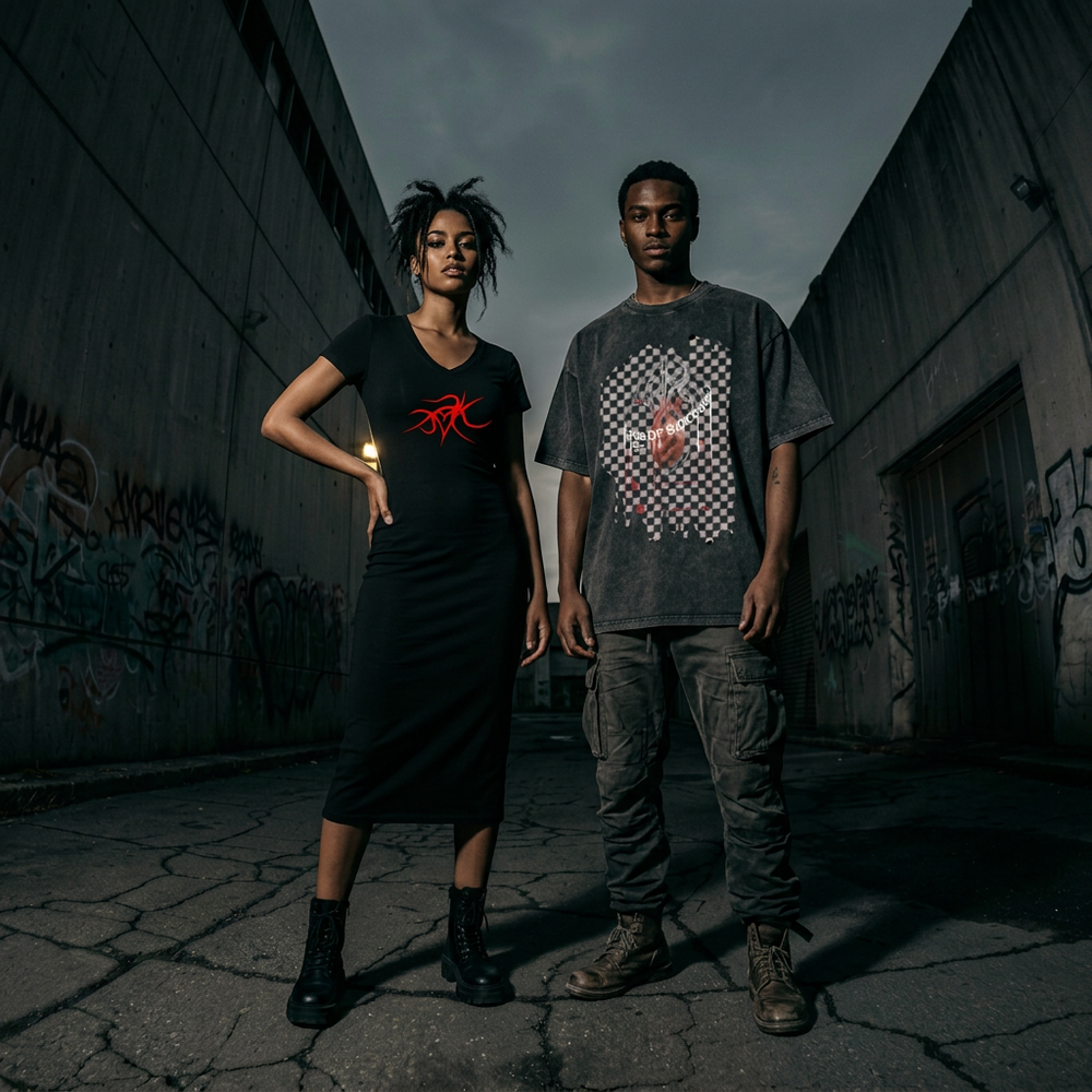 Two people standing in a dark alleyway with graffiti on the walls.