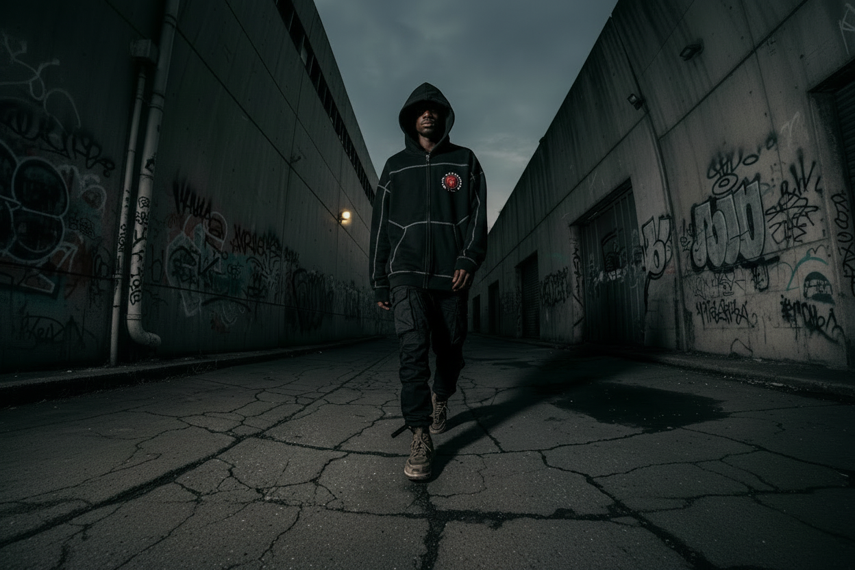 Person wearing a black hoodie with a logo in a dark alleyway with graffiti.