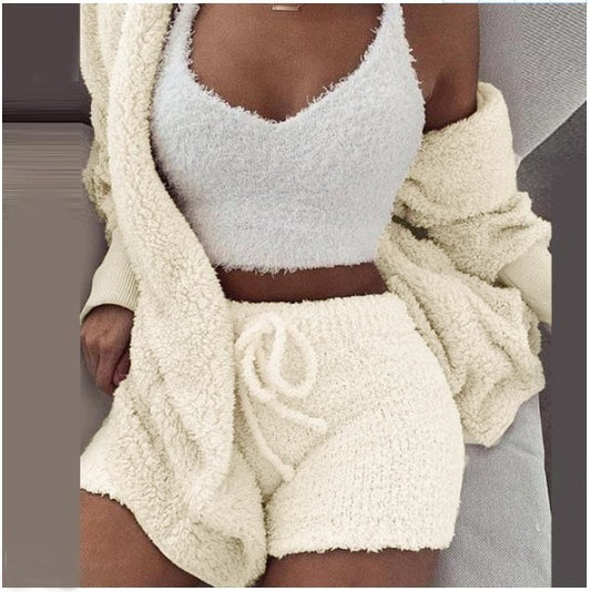 Fluffy Three Piece Set Lounge Sexy Outfits - Blaq Aesthetics