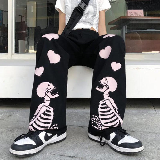 Love Skull Bone Print Wide Leg Pants - Blaq Aesthetics